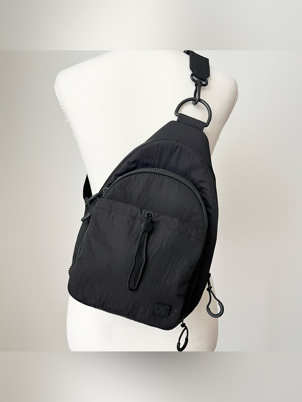 C&C California Black Nylon Crossbody Sling Bag Zipper Pockets Minimalist Travel